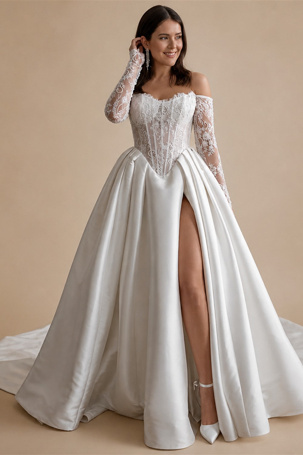 LORIE Lace Wedding Dress Sweetheart Split A-line Bride Gown Long Sleeve Customized Appiques Corset Bride Dress vestidos de novia