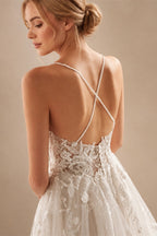 Sexy V-Neck Tulle Spaghetti Straps Outdoor Garden Wedding Dress Lace Appliques Beading Bridal Gowns A-Line Wedding Dresses