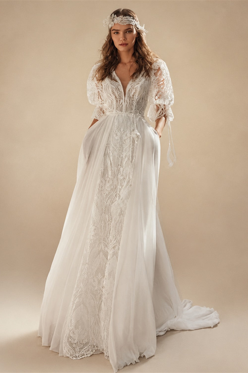 Bohemian Lace & Chiffon A-Line Wedding Dress Puff Sleeves Pockets Bridal Gown Vestido De Novia Boda 2026 Customized | Nightbubo