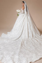 Customized Luxury Sequins Lace Applique Ball Gown Wedding Dress Off Shoulder Appliques Long Sleeve Bridal Gown | Nightbubo