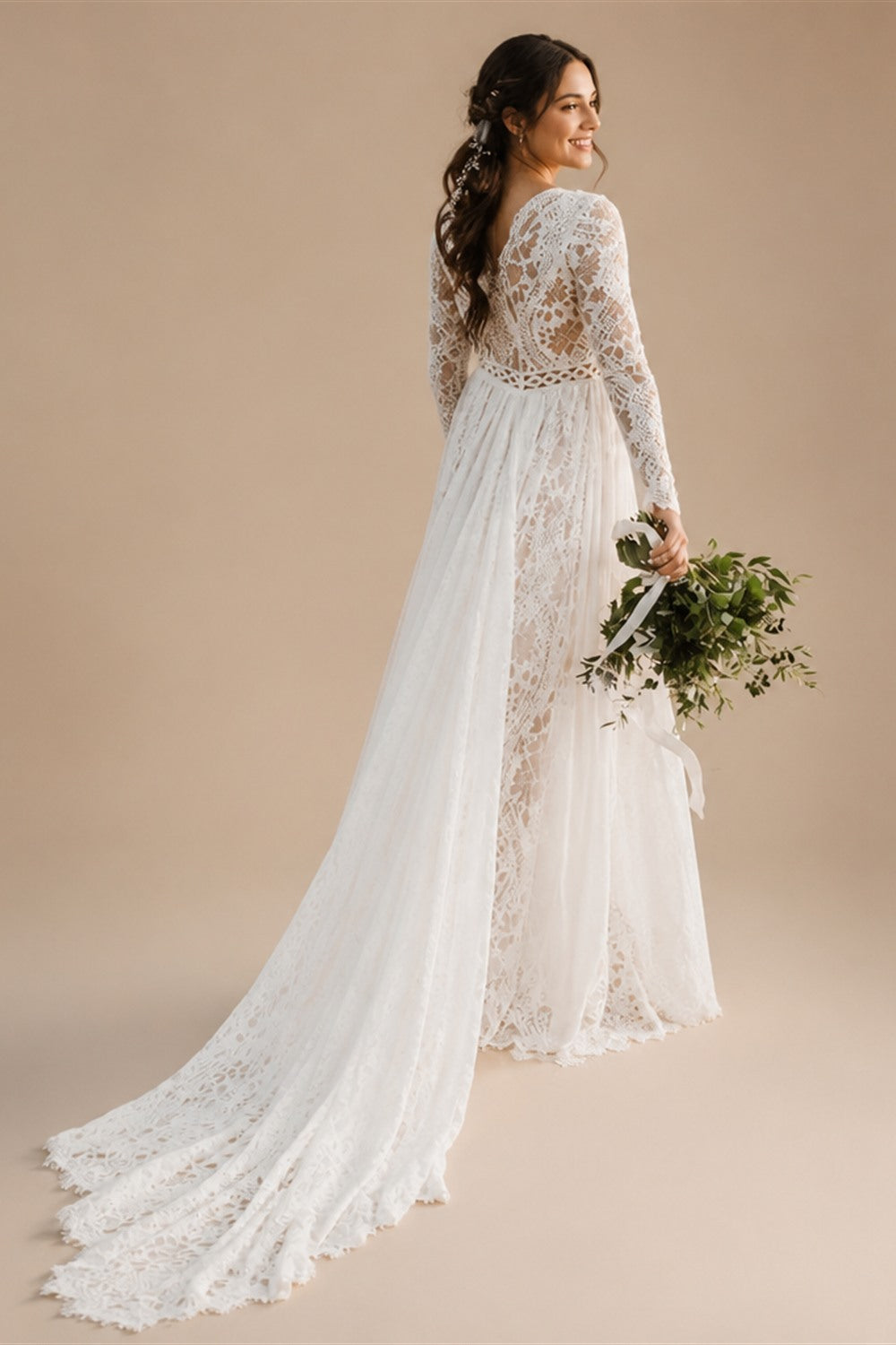 Beach Boho Wedding Dress Lace Long Sleeves Backless Floor Length Robe De Mariee Brides Chiffon A-line Bridal Gowns Sweep Train