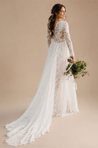 Beach Boho Wedding Dress Lace Long Sleeves Backless Floor Length Robe De Mariee Brides Chiffon A-line Bridal Gowns Sweep Train