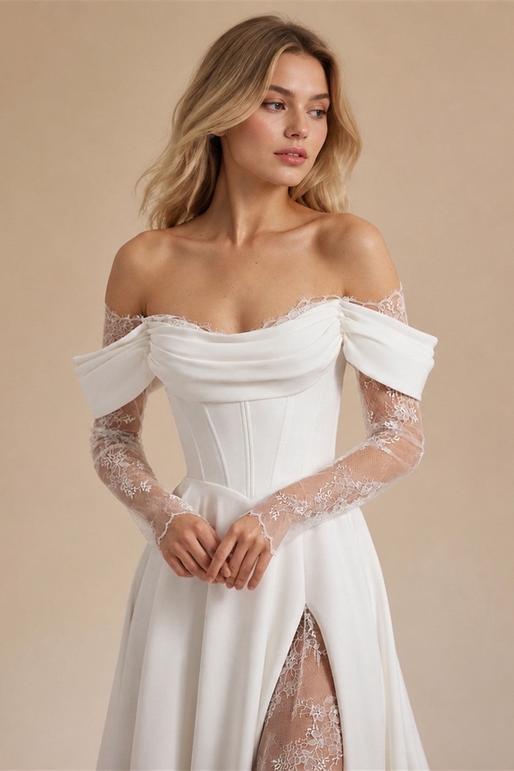 Customized Strapless Corset Designs 3/4 Lace Sleeve Wedding Dress A-Line Front Split Lace Up Bridal Gowns Vestidos De Novia