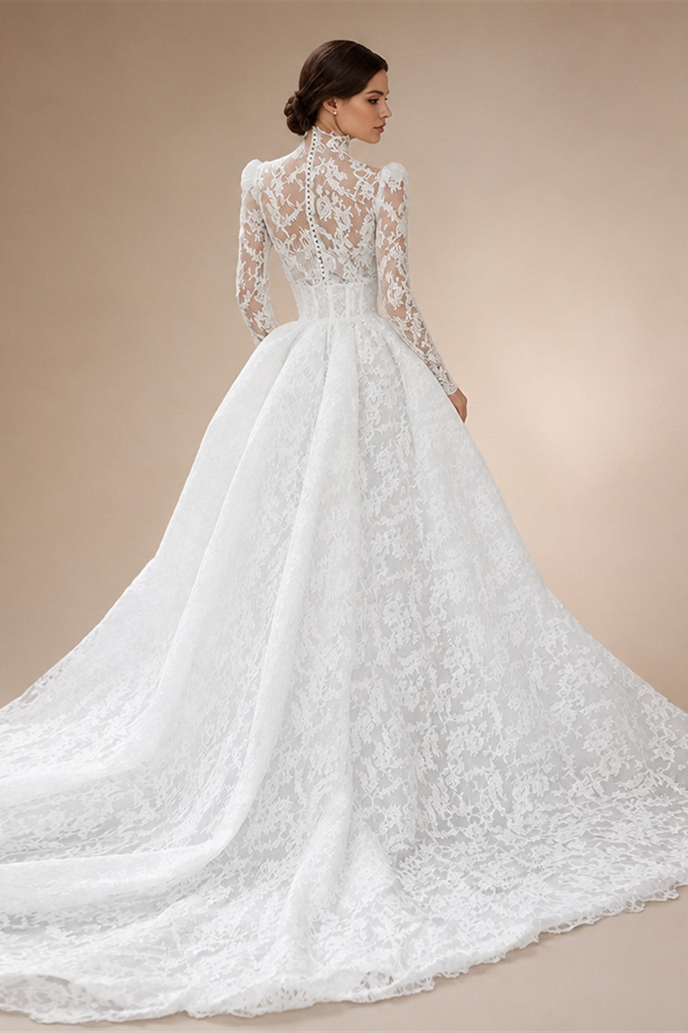 Customized Luxury High Neck Lace Mermaid Wedding Dress Long Sleeve 2and1Detachable Train Bridal Gown Vestido De Novia | Nightbubo