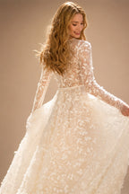 A-Line Boho Wedding Dresses O-Neck Long Sleeve Vestido De Novia Lace Appliques Pearls Sequined Custom Made Bridal Gown | Nightbubo