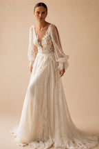 HERBURN Charming A-line Wedding Dresses for Women Bride Lace Appliques Illusion Puff Sleeves Backless Robe De Mariee Customized