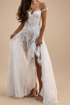 Robes de mariée bohème dos nu plage ligne A bretelles tombantes manches chauve-souris traîne de cour dentelle avec applications couleur unie été automne cérémonie de mariée