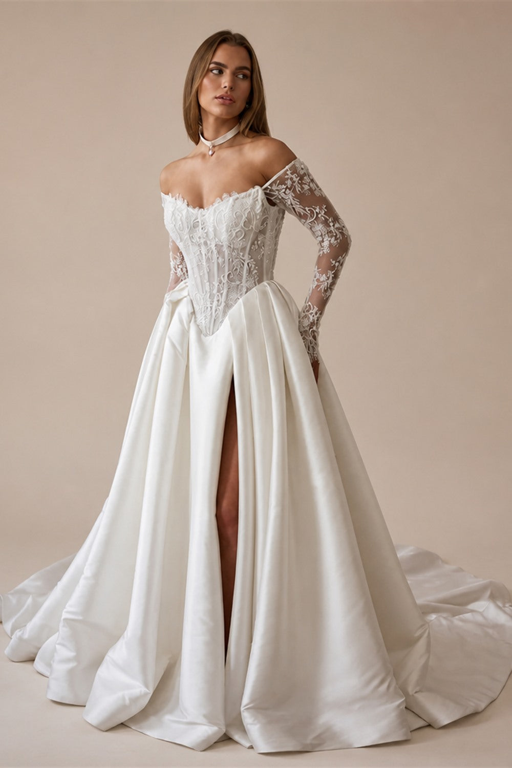 Customized Lace For Sweetheart And 3/4 Sleeve A-Line Satin Skirt Wedding Dress Backless Zipper Bridal Gown Robe De Mariée