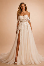 Luxury Brides Dress 2025 Sweetheart Off Shoulder High Slit Corset Wedding Dresses Lace Appliques Boho Bridal Gown Customized