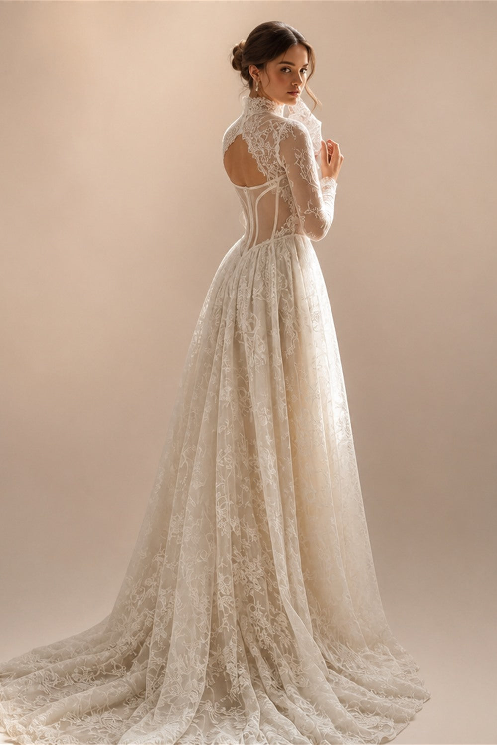Sevintage Full Lace Ivory Wedding Dresses High Collar Long Sleeves Bridal Gowns Floor Length A-Line Wedding Gowns 2025 Customize