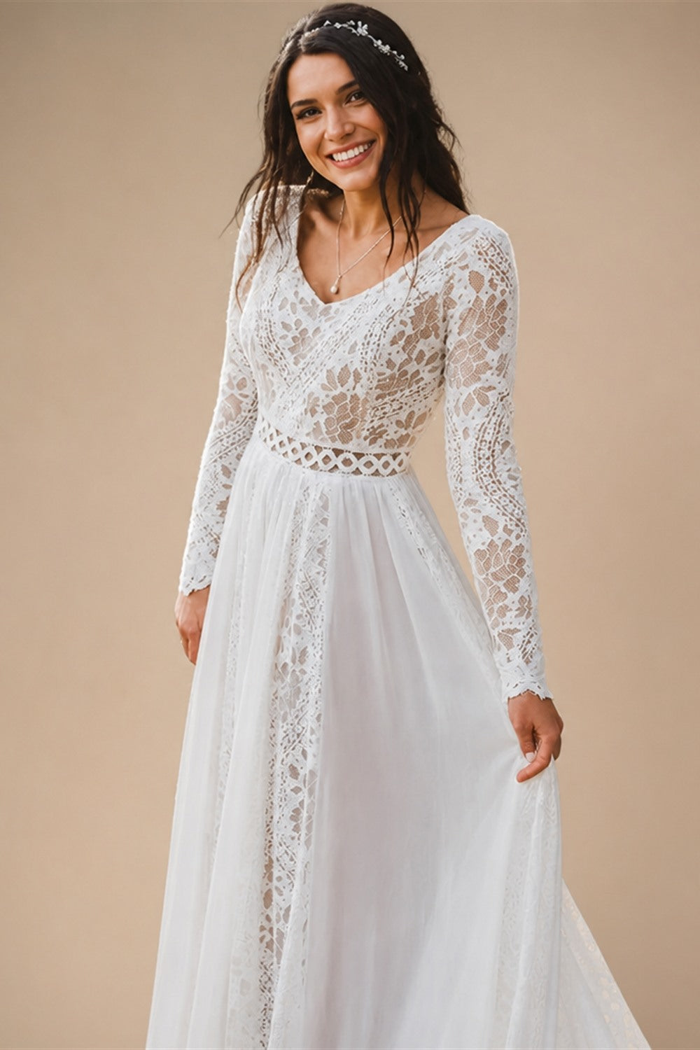 Beach Boho Wedding Dress Lace Long Sleeves Backless Floor Length Robe De Mariee Brides Chiffon A-line Bridal Gowns Sweep Train