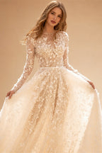 A-Line Boho Wedding Dresses O-Neck Long Sleeve Vestido De Novia Lace Appliques Pearls Sequined Custom Made Bridal Gown | Nightbubo