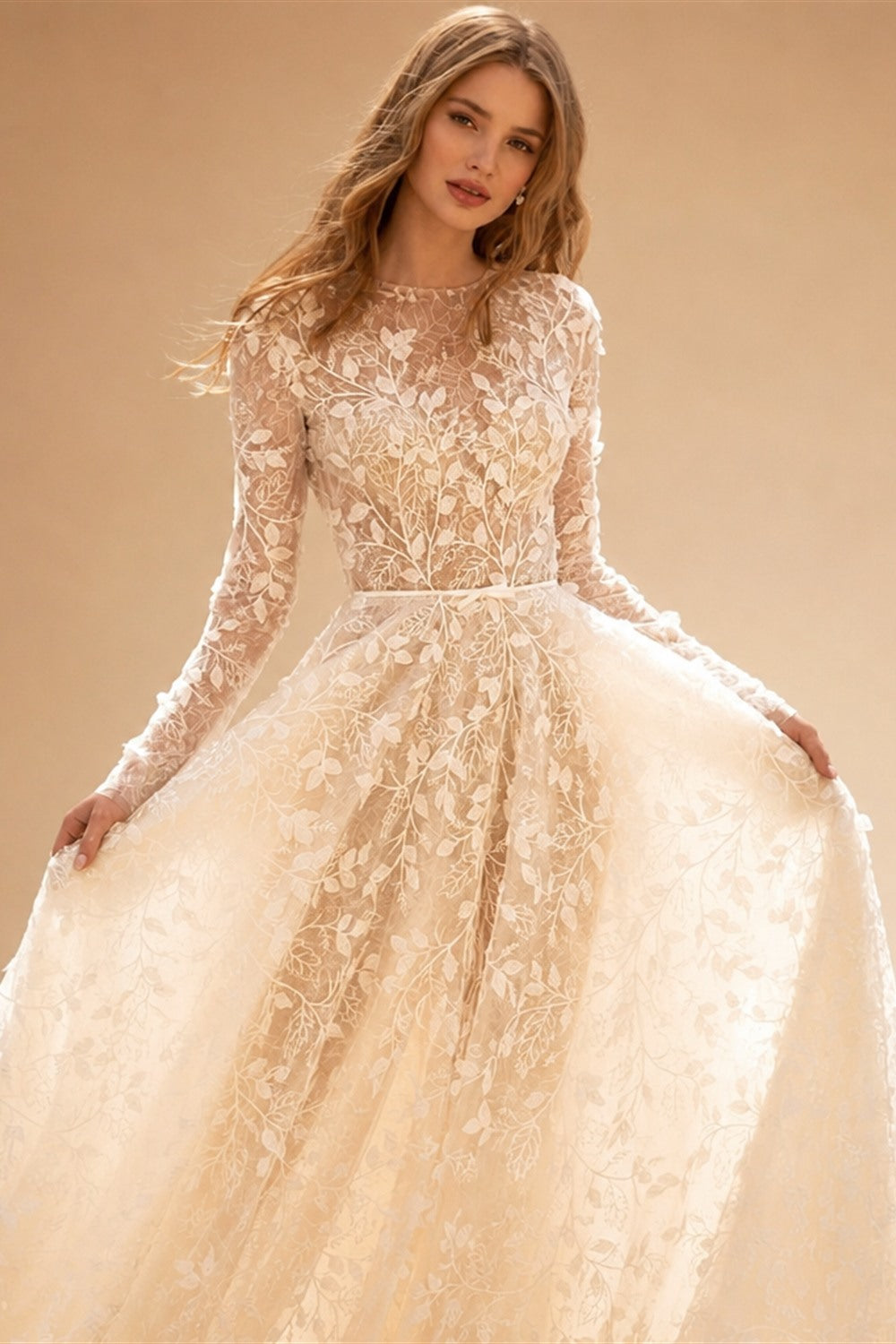 A-Line Boho Wedding Dresses O-Neck Long Sleeve Vestido De Novia Lace Appliques Pearls Sequined Custom Made Bridal Gown | Nightbubo
