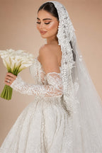 Customized Luxury Sequins Lace Applique Ball Gown Wedding Dress Off Shoulder Appliques Long Sleeve Bridal Gown | Nightbubo