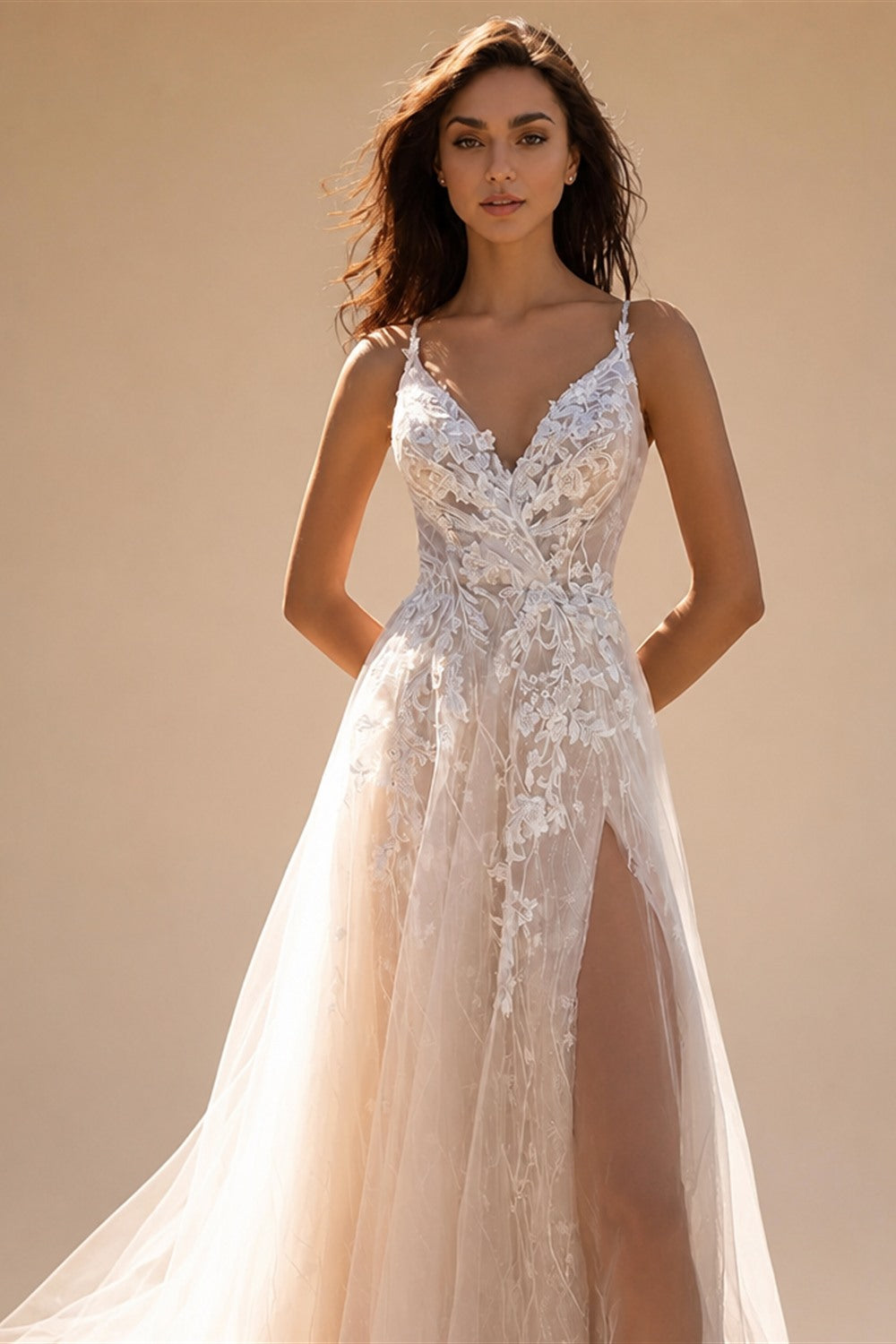 Boho Wedding Dress with slit Sexy Lace Appliques Backlesss Beach Bridals Dress Wedding Gowns Custom made vestido de novia