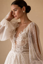 HERBURN Charming A-line Wedding Dresses for Women Bride Lace Appliques Illusion Puff Sleeves Backless Robe De Mariee Customized