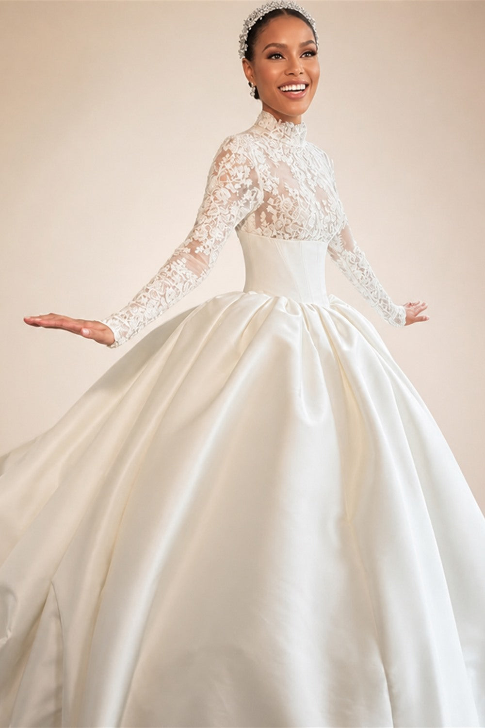 Customized Elegant Wedding Dress High-neck Ball Gown Princess Bride Gown Luxury A-line Long Bridal Vestidos De Novia | Nightbubo