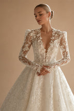 Luxury Lace Wedding Dress Vestido De Noiva Customized Long Sleeves V Neck Court Train A Line Bridal Gown Bride Dresses
