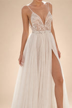 JEHETH Beautiful Applique A-Line Embroidered Yarn Halter Backless Wedding Dress Sexy V-Neck Floor-Length Slit 2024 Bridal Dress