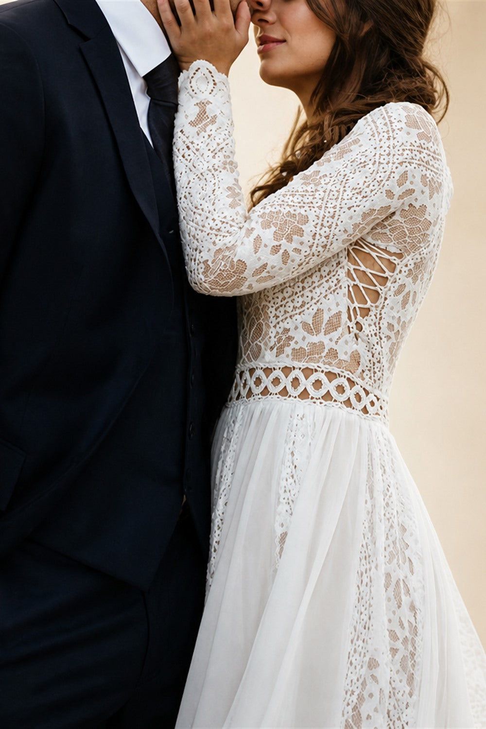 Beach Boho Wedding Dress Lace Long Sleeves Backless Floor Length Robe De Mariee Brides Chiffon A-line Bridal Gowns Sweep Train