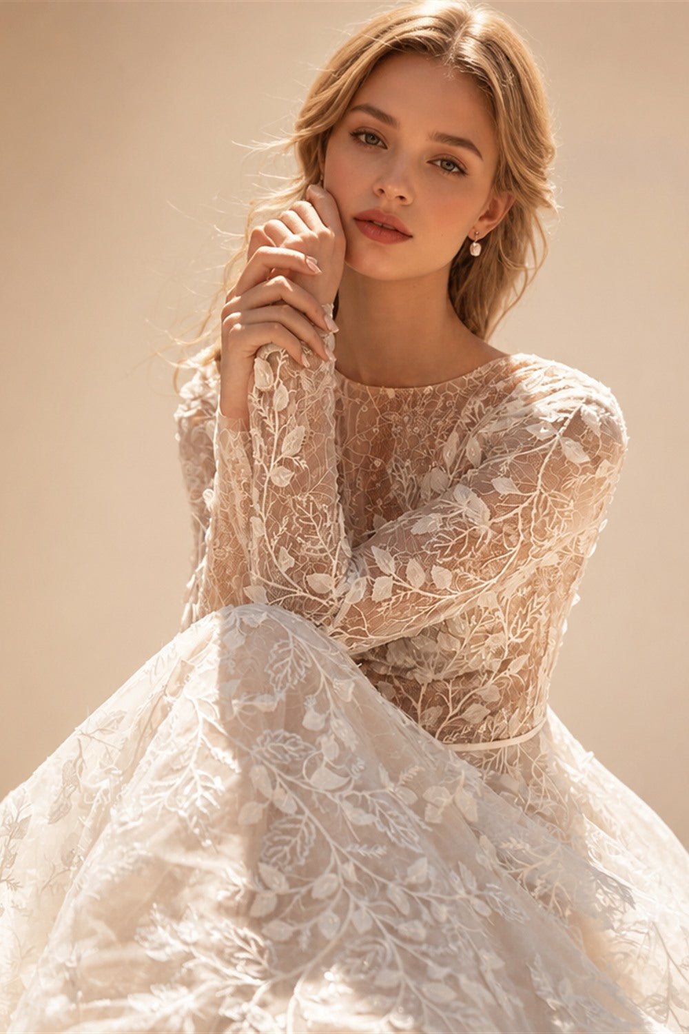 A-Line Boho Wedding Dresses O-Neck Long Sleeve Vestido De Novia Lace Appliques Pearls Sequined Custom Made Bridal Gown | Nightbubo