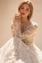 A-Line Boho Wedding Dresses O-Neck Long Sleeve Vestido De Novia Lace Appliques Pearls Sequined Custom Made Bridal Gown | Nightbubo