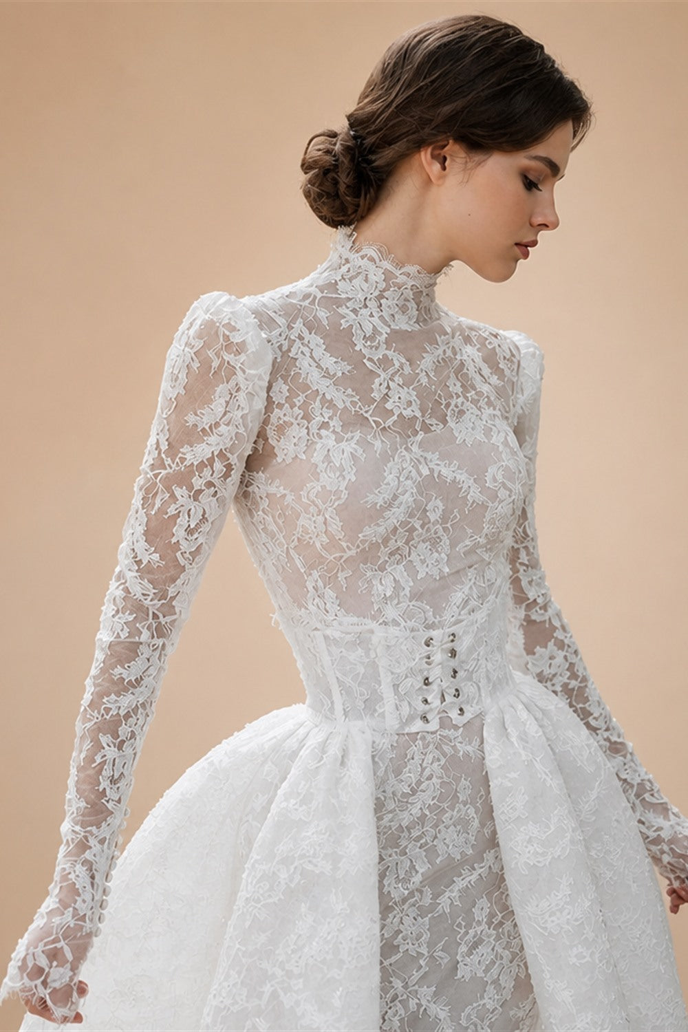 Customized Luxury High Neck Lace Mermaid Wedding Dress Long Sleeve 2and1Detachable Train Bridal Gown Vestido De Novia | Nightbubo