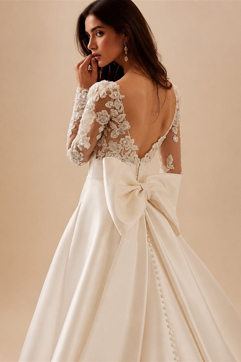 Elegant A-Line Sexy Wedding Dresses Long Sleeve Backless Bridal Dress Lace Bow Luxury Bride Gowns Vestido De Novia Customized