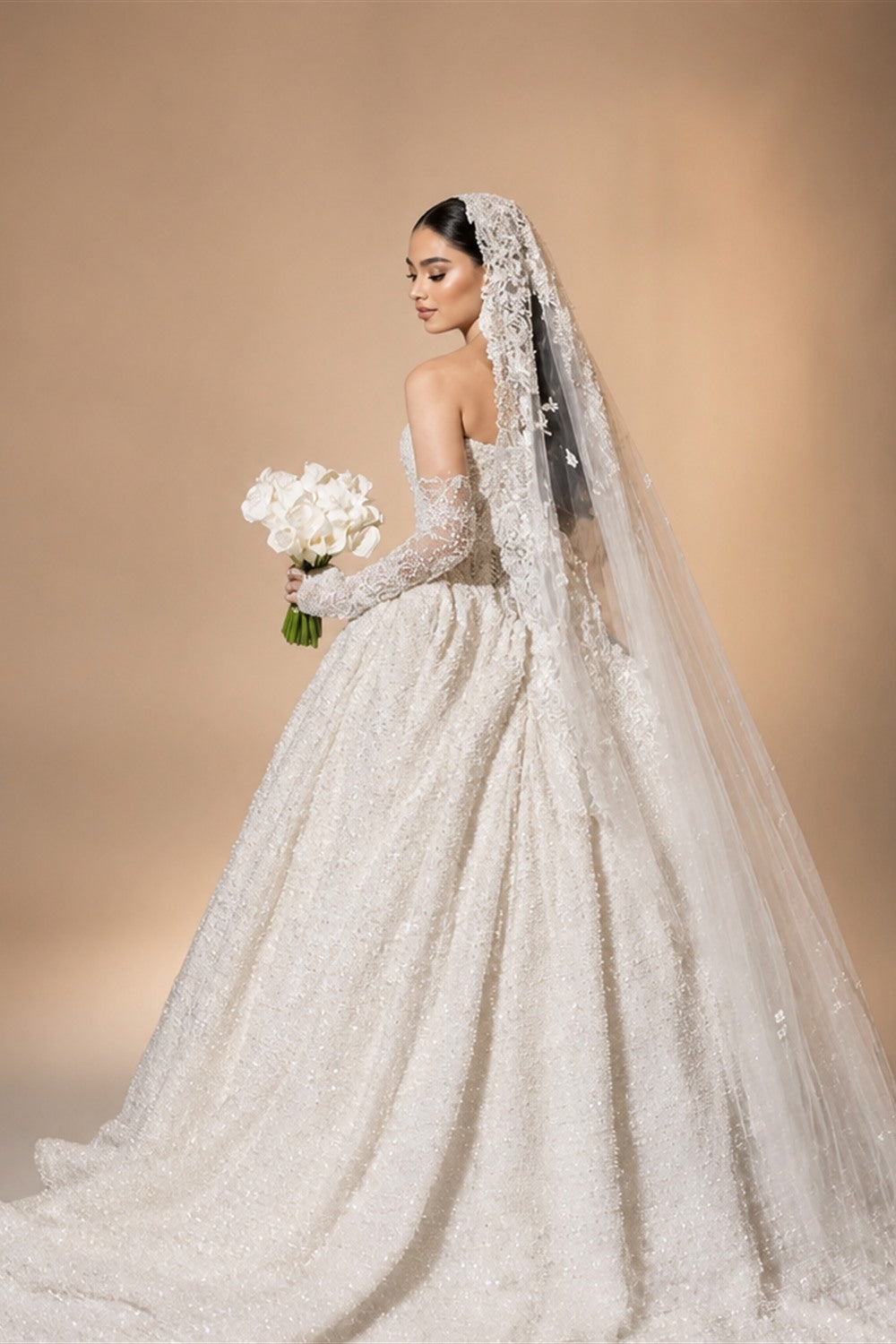 Customized Luxury Sequins Lace Applique Ball Gown Wedding Dress Off Shoulder Appliques Long Sleeve Bridal Gown | Nightbubo