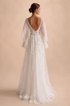 HERBURN Charming A-line Wedding Dresses for Women Bride Lace Appliques Illusion Puff Sleeves Backless Robe De Mariee Customized
