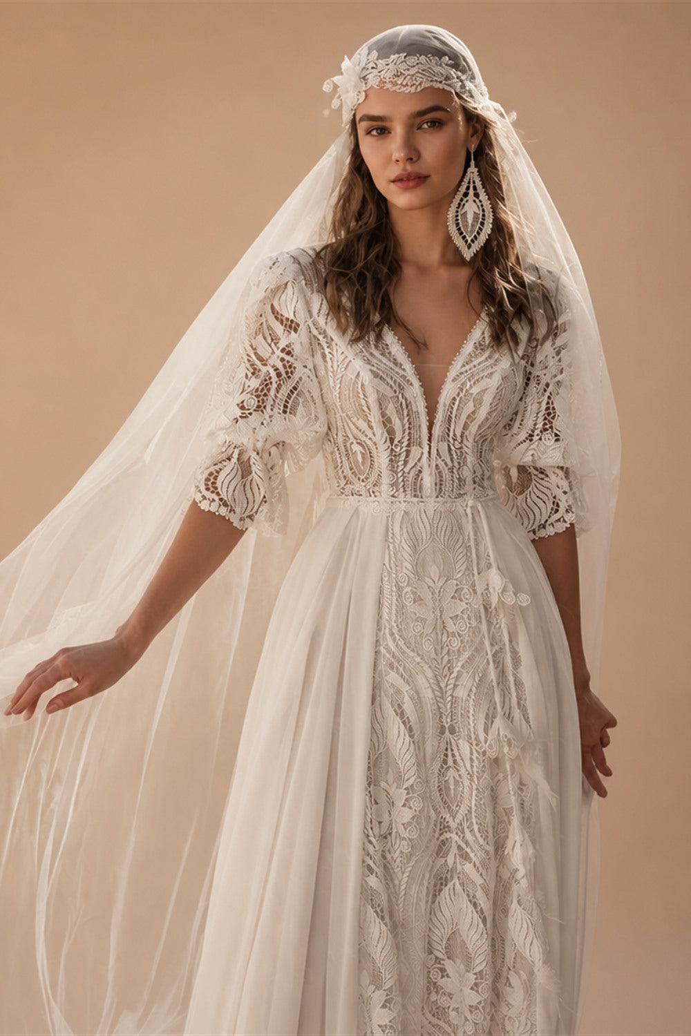 Bohemian Lace & Chiffon A-Line Wedding Dress Puff Sleeves Pockets Bridal Gown Vestido De Novia Boda 2026 Customized | Nightbubo