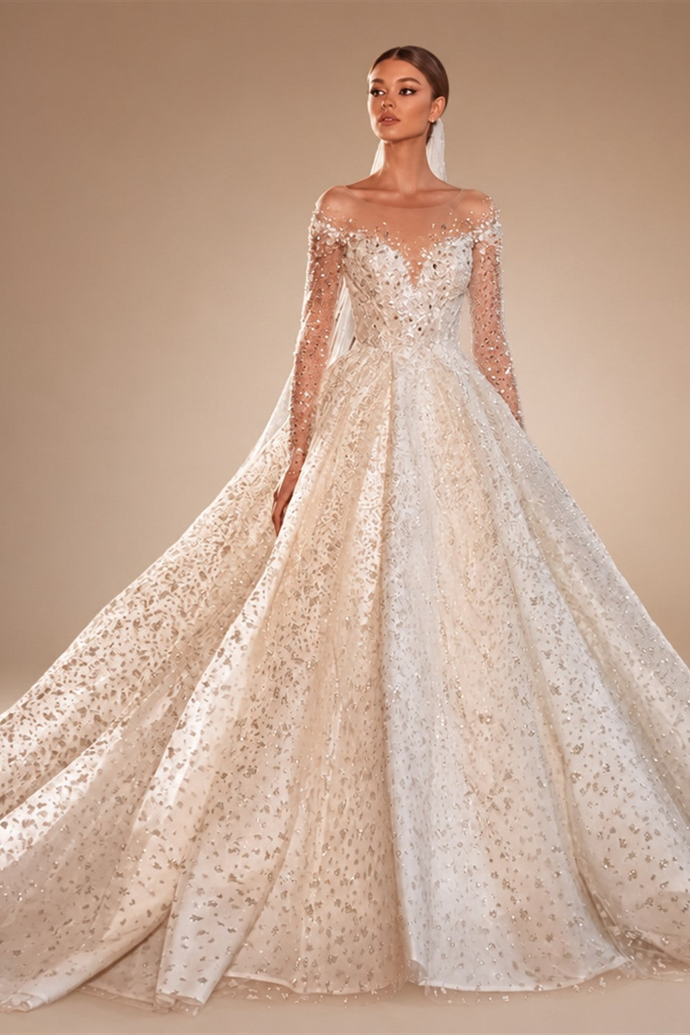 Vestidos De Novia Shining Long Sleeve Ball Gown Wedding Dress Beading Tulle Luxury Hochzeitskleid Button Back Gorgeous Trouwjurk