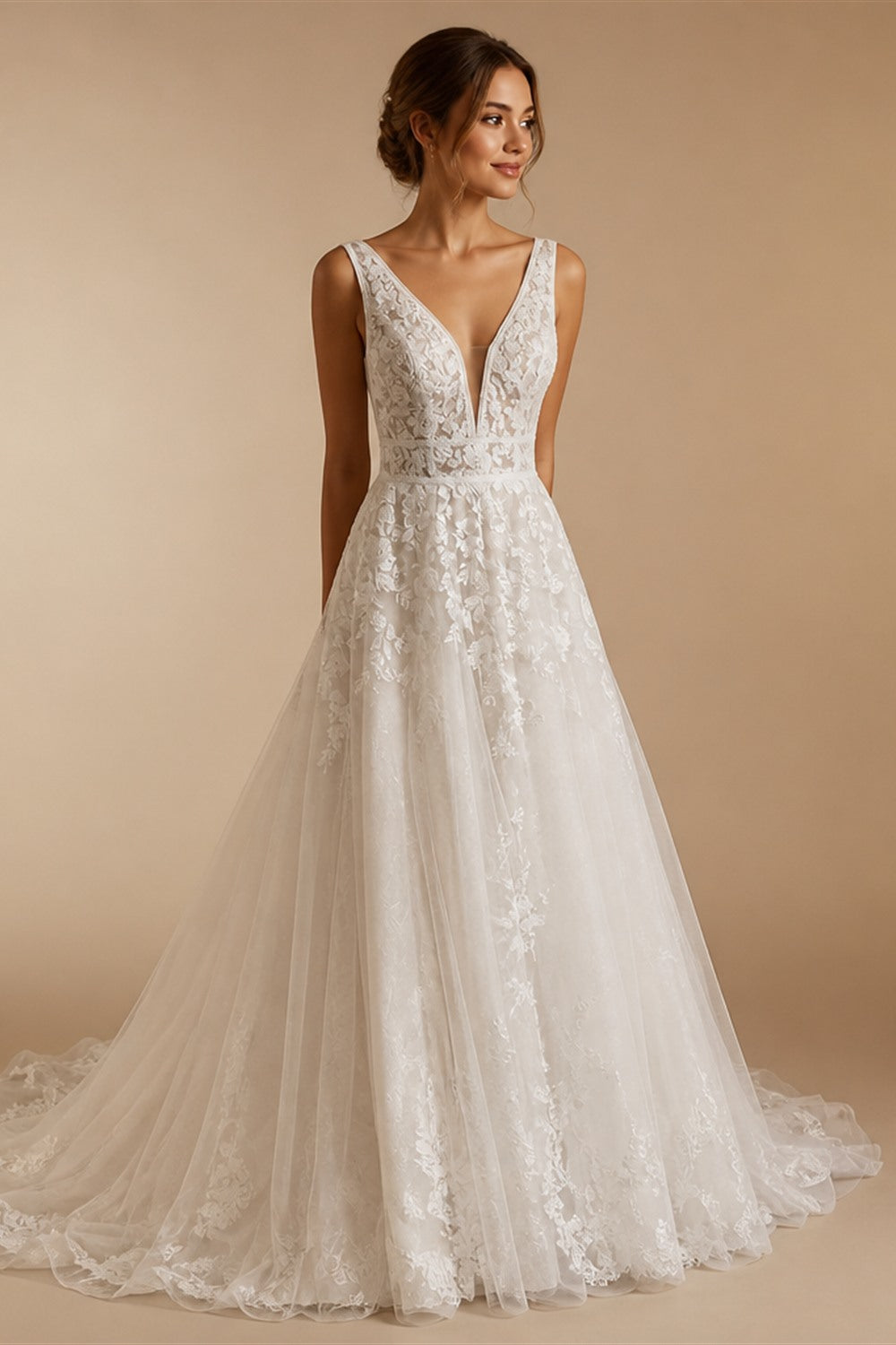 HERBURN Charming A-line Wedding Dresses for Women Bride Lace Appliques Illusion Puff Sleeves Backless Robe De Mariee Customized