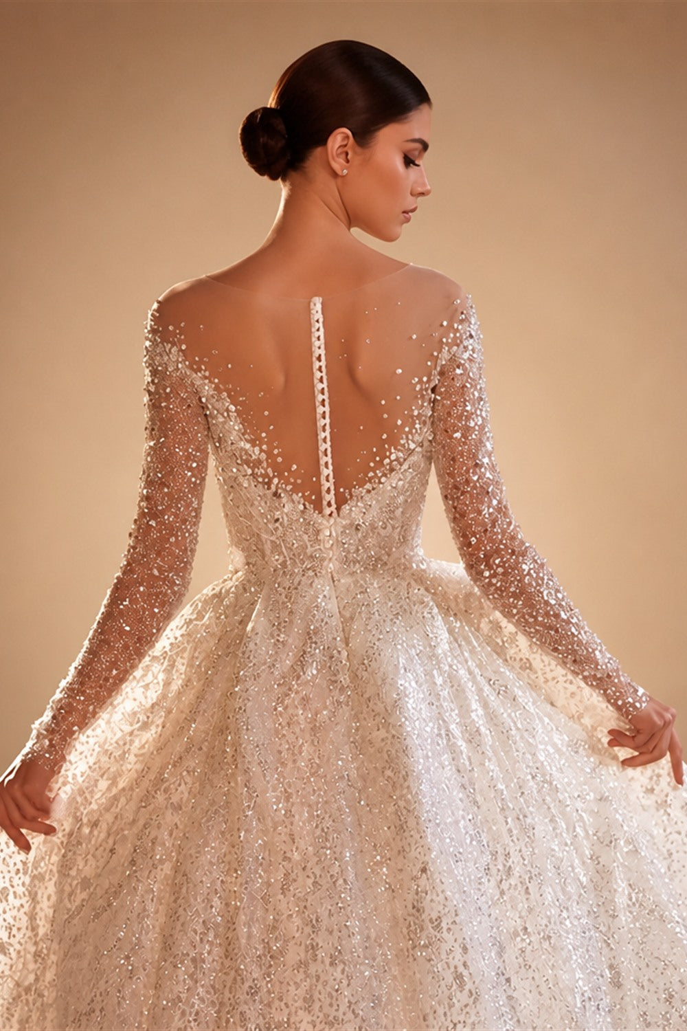 Vestidos De Novia Shining Long Sleeve Ball Gown Wedding Dress Beading Tulle Luxury Hochzeitskleid Button Back Gorgeous Trouwjurk