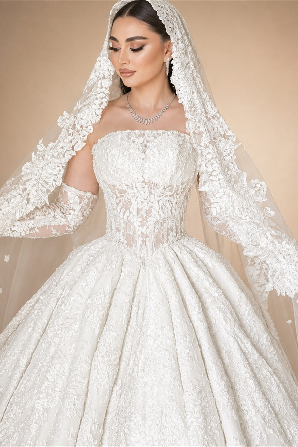 Customized Luxury Sequins Lace Applique Ball Gown Wedding Dress Off Shoulder Appliques Long Sleeve Bridal Gown | Nightbubo