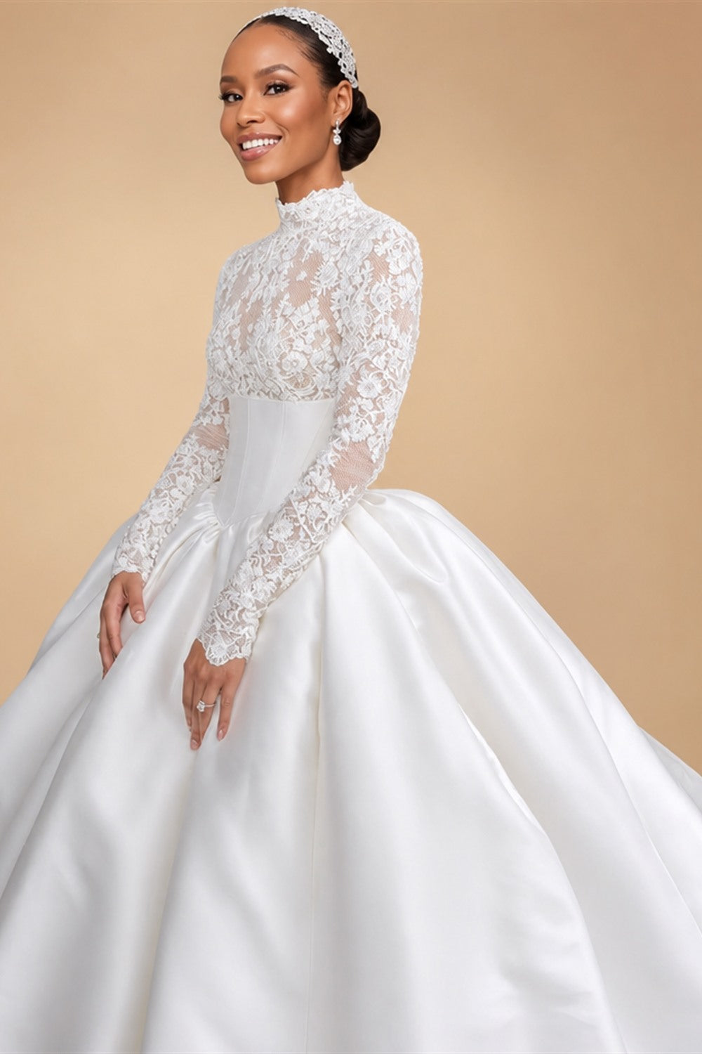 Customized Elegant Wedding Dress High-neck Ball Gown Princess Bride Gown Luxury A-line Long Bridal Vestidos De Novia | Nightbubo