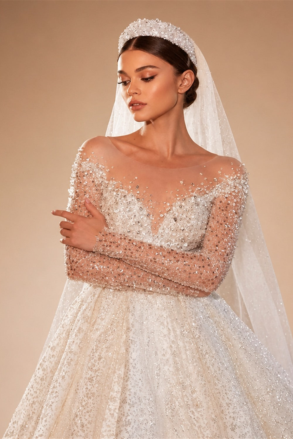 Vestidos De Novia Shining Long Sleeve Ball Gown Wedding Dress Beading Tulle Luxury Hochzeitskleid Button Back Gorgeous Trouwjurk