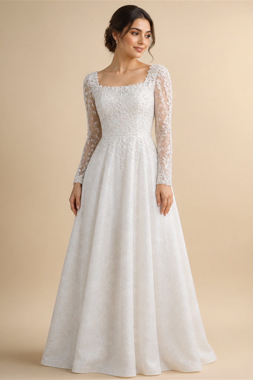 Customized Luxury Sequins Lace Applique Ball Gown Wedding Dress Off Shoulder Appliques Long Sleeve Bridal Gown | Nightbubo