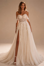 Luxury Brides Dress 2025 Sweetheart Off Shoulder High Slit Corset Wedding Dresses Lace Appliques Boho Bridal Gown Customized