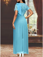 Vestido tubinho/coluna para mãe da noiva, formal, para festa de casamento, elegante, decote redondo, comprimento até ao joelho, chiffon, renda, manga curta com laço(s)