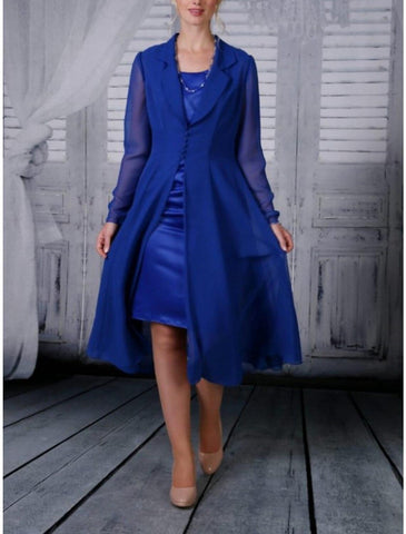 Vestido de mãe da noiva em duas peças, corte A, para convidada de casamento, simples, elegante, gola estilo camisa, comprimento chá, chiffon, manga comprida com pregas, cor sólida