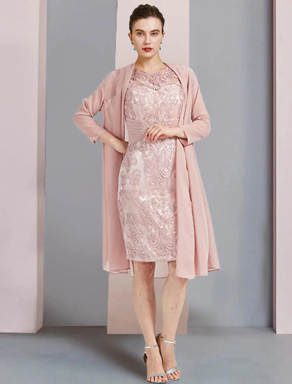 Vestido de mãe da noiva de duas peças, bainha/coluna, formal, para convidada de casamento, elegante, decote redondo, comprimento até ao joelho, chiffon, renda, sem mangas, com aplicações de missangas