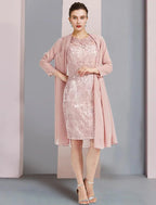 Vestido de mãe da noiva de duas peças, bainha/coluna, formal, para convidada de casamento, elegante, decote redondo, comprimento até ao joelho, chiffon, renda, sem mangas, com aplicações de missangas