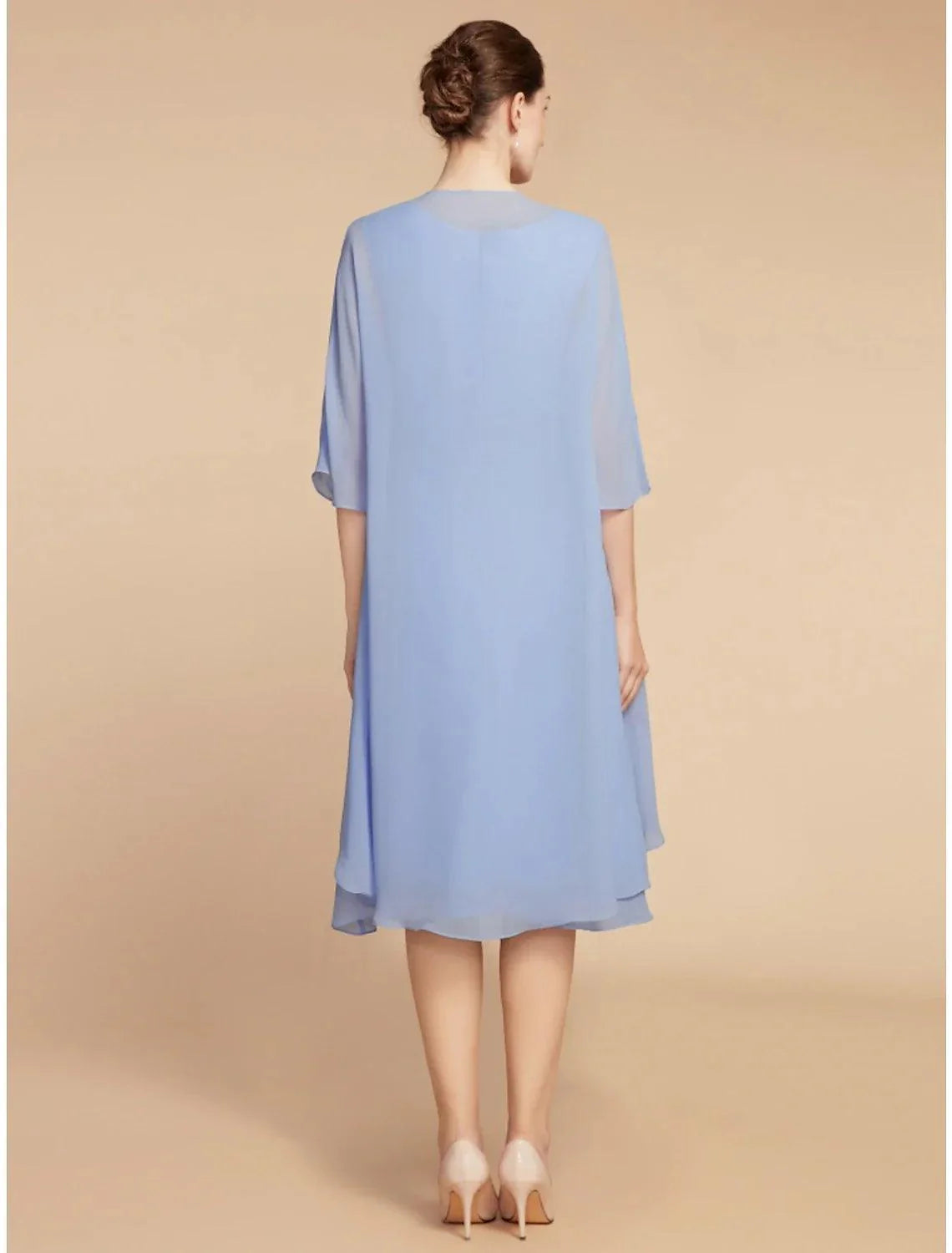 Vestido de mãe da noiva de duas peças, estilo coluna, elegante, pequeno, decote redondo, comprimento até ao joelho, chiffon, renda, meia manga com franzido, cor sólida