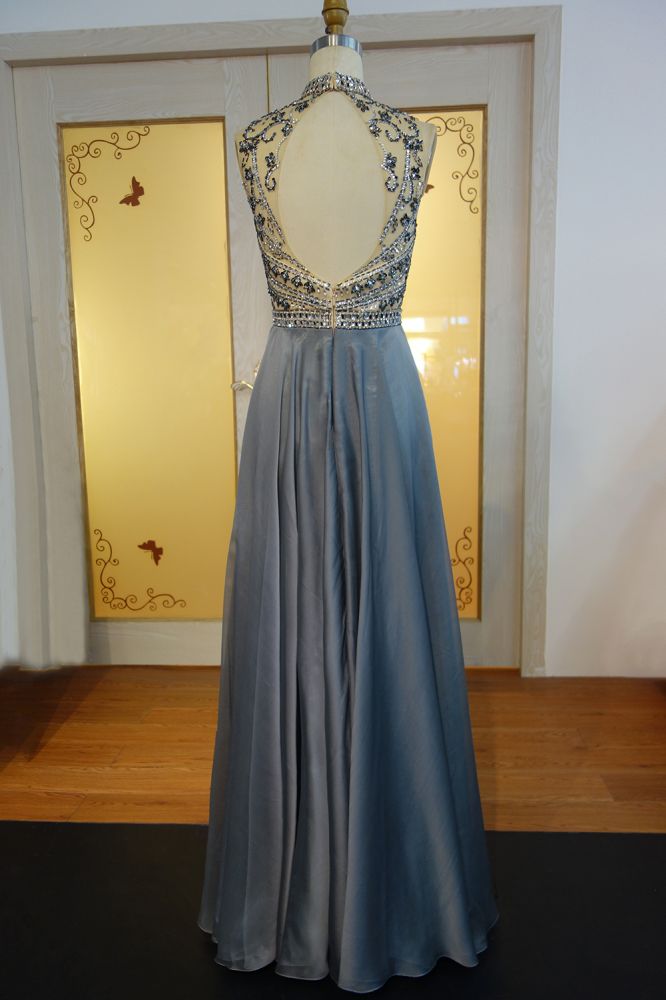 Bodenlange A-Linie Neckholder Kristall Perlen Chiffon Ballkleider