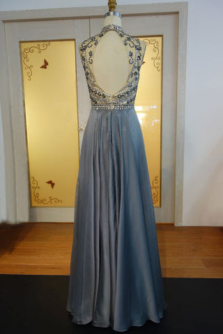 Floor Length A-line Halter Crystal Beading Chiffon Prom Dresses
