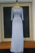Abito da Ballo in Chiffon con Paillettes a Lunghezza Intera, Scollo a Barchetta, Maniche Lunghe e Linea a A