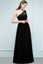Floor Length Lace Chiffon A-line One-shoulder Bridesmaid Dresses with Sash