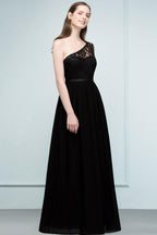 Floor Length Lace Chiffon A-line One-shoulder Bridesmaid Dresses with Sash