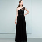 Floor Length Lace Chiffon A-line One-shoulder Bridesmaid Dresses with Sash